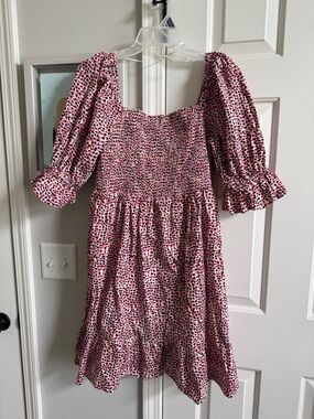 Eloquii Pink Multi-Spot Smocked Puff Sleeve Dress